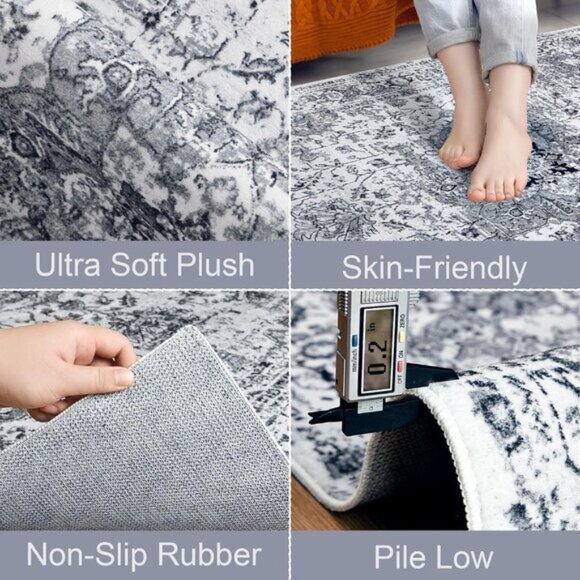 Garvee Retro Medallion Floral Soft Low Pile Foldable Area  4x6 Grey Washable Area Rug, Soft Vintage Floral Low Pile Carpet for Room Decor